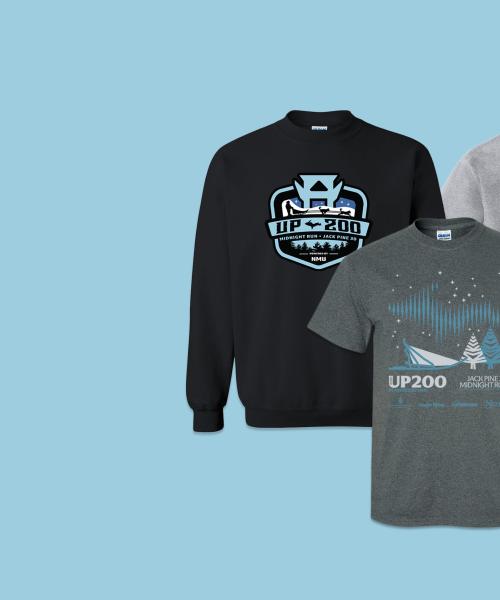 black crewneck sweatshirt with the up200 logo, gray hooded sweatshirt with the up200 logo, and a gray t-shirt with the 2024 race logo
